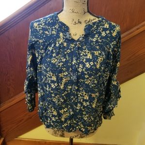 Lauren Conrad blue floral ruffled blouse